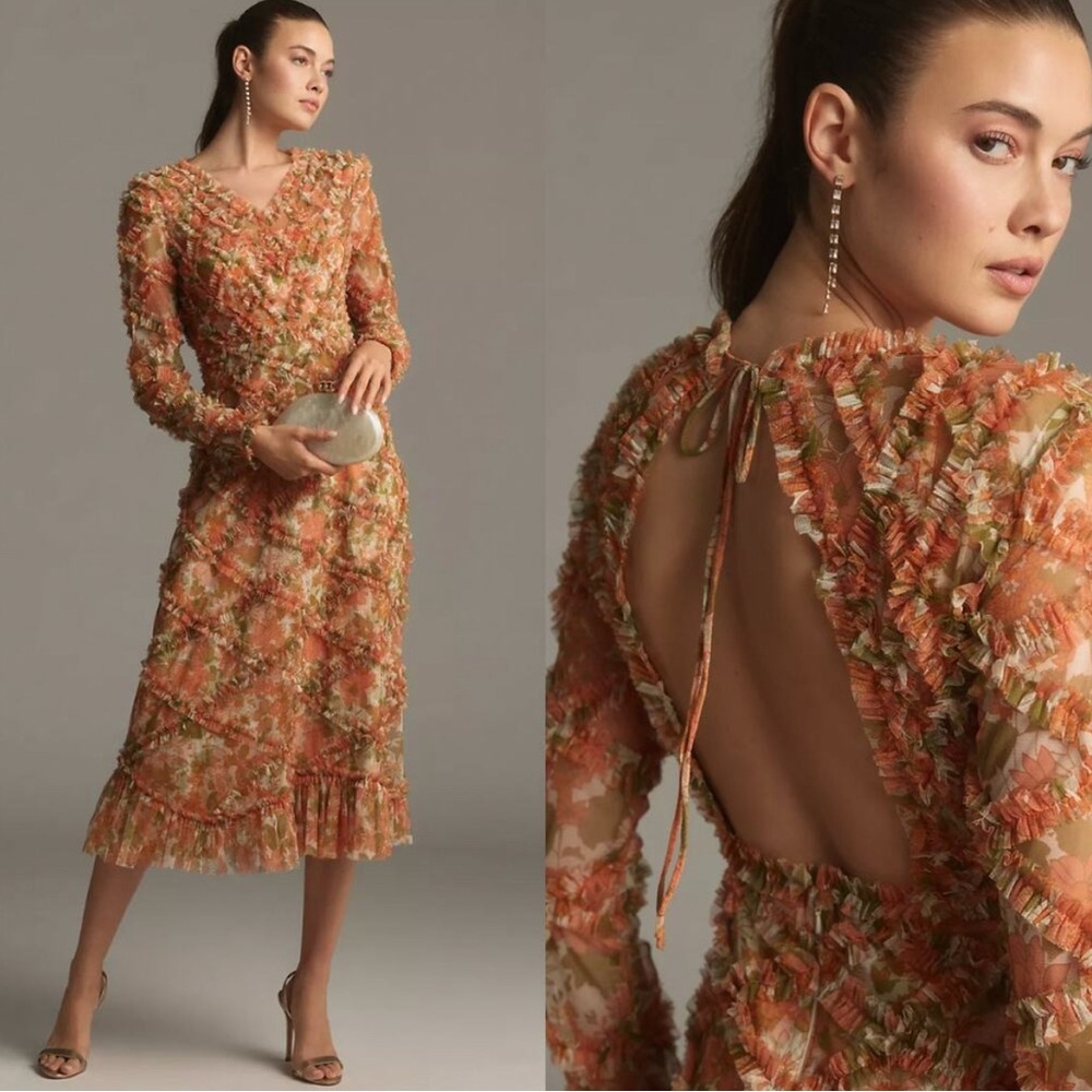 MAC DUGGAL Long Sleeve Orange V-Neck Textured Ruffled Tulle Midi Dress Size 6